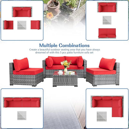 Shintenchi 5 Pieces Outdoor Patio Sectional Sofa Couch, Silver Gray PE Wicker Furniture Conversation Sets with Washable Cushions & Glass Coffee Table for Garden, Poolside, Backyard (Red) - LeafyLoom