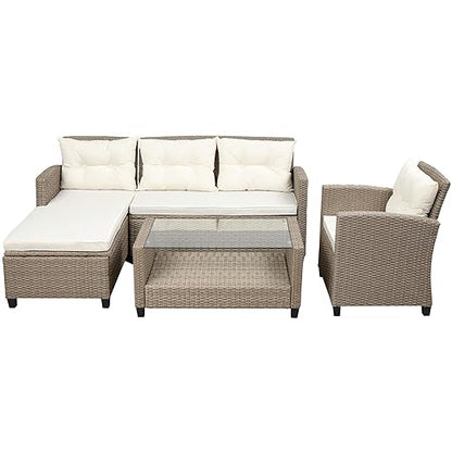 4PCS Patio Furniture Set, Outdoor Wicker Conversation Sectional L-Shaped Sofa with 4 Seater Thickness Coffee Table, for Backyard, Porch, Onesize, E-Beige Cushion+Brown Rattan - LeafyLoom