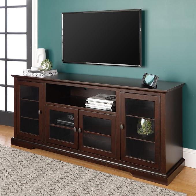 Walker Edison Brahm Classic Glass Door Storage TV Console for TVs up to 80 Inches, 70 Inch, Espresso Brown - LeafyLoom