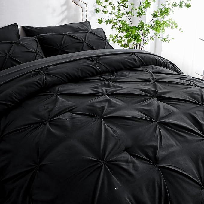 Ubauba 7pc Full Size Comforter Set with Sheets, Pinched Pleat 7 Piece Bed in a Bag Black Bed Set with Comforter, All Season Pintuck Bedding Sets (Black,Full) - LeafyLoom