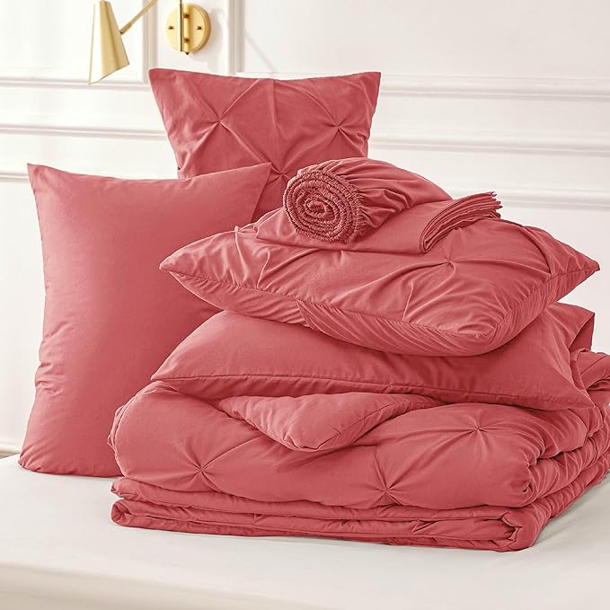 Bedsure Comforter Set Queen - Bed in a Bag Queen 7 Pieces, Bedding Sets Bed Set with Comforter, Sheets, Pillowcases & Shams (Coral Red) - LeafyLoom