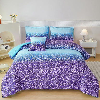 PERFEMET 6Pcs Full Size Comforter Sets for Girls Blue Purple Ombre Rainbow Kids Bedding Set Colorful Tie Dye Glitter Teen Girls Bedroom Decor Bed in A Bag - LeafyLoom