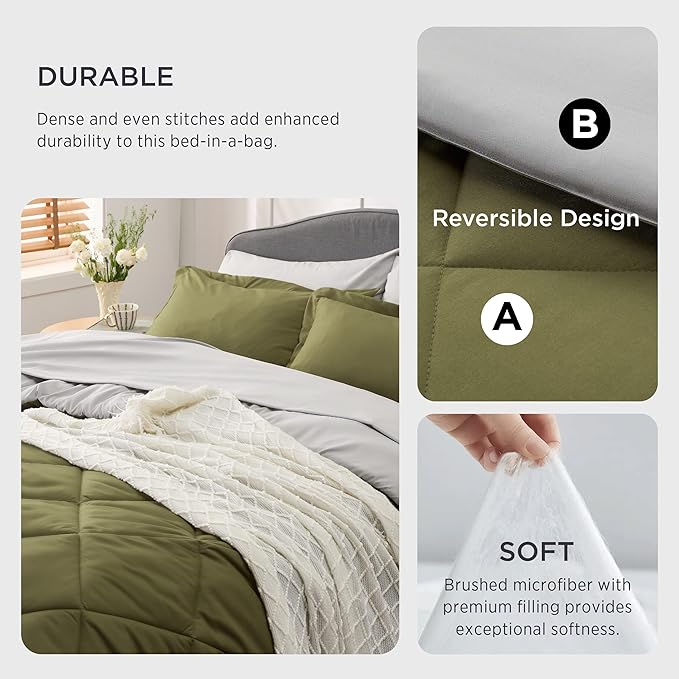 Bedsure Olive Green Twin Comforter Set - 5 Pieces Reversible Twin Bed in a Bag, Extra Long Twin Bed Set with Comforters, Sheets, Pillowcase & Sham, Twin Bedding Sets for College - LeafyLoom