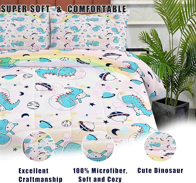 NINENINE Pink Dinosaur Bedding Set Colorful Rainbow Castle UFO Space Theme Comforter Set,Full Size Kids Bedding Sets for Boys Girls, Little Dinosaur Comforter Set with 1 Comforter 2 Pillowcases - LeafyLoom