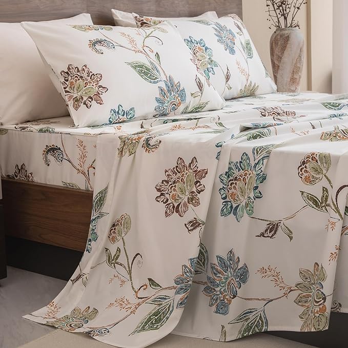 QSH Floral Bed Sheets King Size - 100% Egyptian Cotton Floral Bedding Sheets Botanical Leaves Flower Pattern Printed Bedding King Size Bed Sheets 17.5" Extra Deep Pocket 4pcs - LeafyLoom