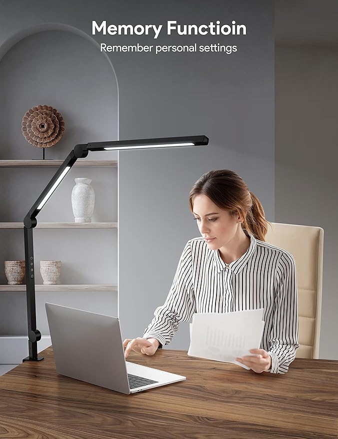 MediAcous LED Desk Lamp with Clamp, Dual Light Desk Lamp with Swing Arm, 4 Color Modes & 4 Brightness Metal Table Lamp, Eye-Caring Clip-on Lamp with Memory Function for Home Office Work Study - LeafyLoom