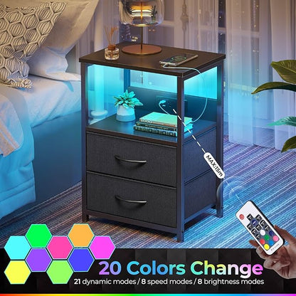 Seventable Nightstand with Charging Station, Bedside table with LED Lights, Night stand with 2 Fabric Drawers, 3-Tier Storage End Table for Bedroom, Black - LeafyLoom