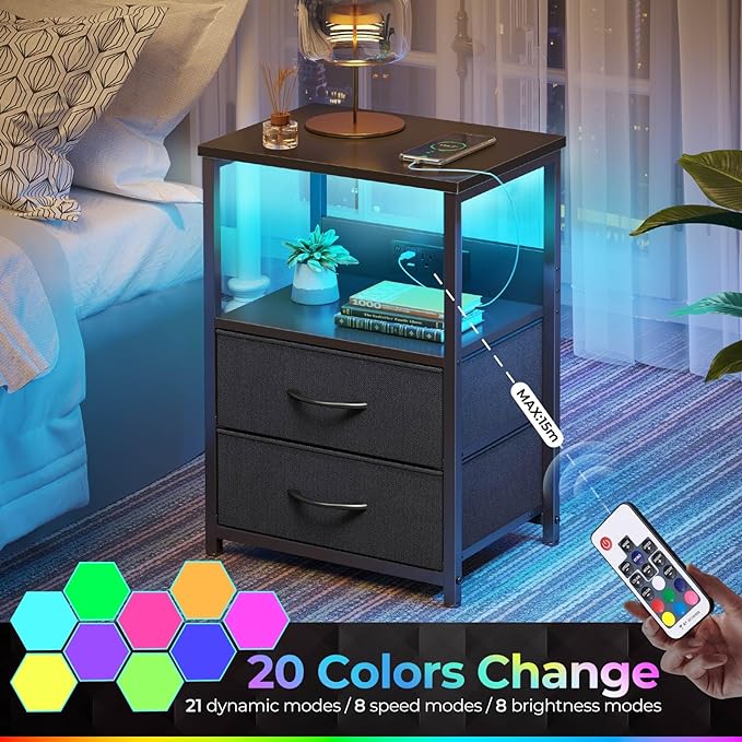 Seventable Nightstand set of 2 with Charging Station, Bedside table with LED Lights, Night stand with 2 Fabric Drawers, 3-Tier Storage End Table for Bedroom, Black - LeafyLoom