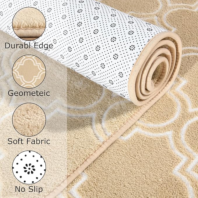 Chicrug Shag Geometric 2x6 Runner Rug for Bedroom, Modern Memory Foam Indoor Hallway Runner Carpet, Fluffy Rug for Living Room Bedside Room Decor for Family, Beige/White - LeafyLoom