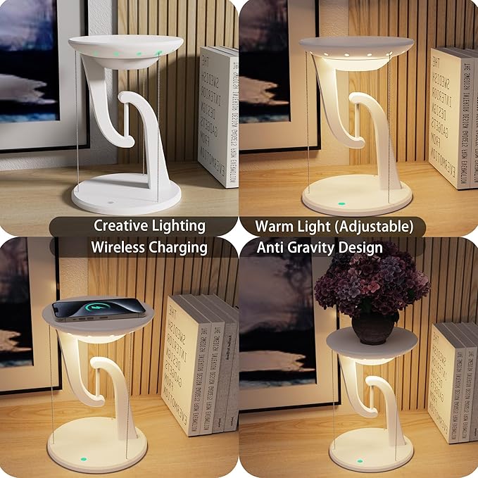 Night Light Wireless Charger Lamp,Ambient Light,LED Desk Lamp with Wireless Charger,Balance Magnetic Suspension Desk Light Creative Fun Bedside Lamp,Anti-Gravity Bedroom Table Lamp 3-Level Brightness - LeafyLoom