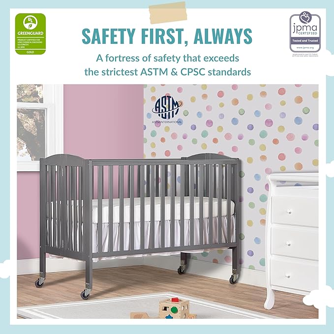 Folding Full Size Convenience Crib In Storm Grey, Two Adjustable Mattress Height Positions, Comes With Heavy Duty Locking Wheels, Flat Folding - LeafyLoom