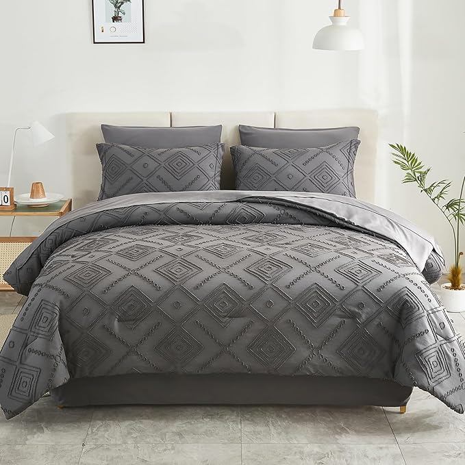 EMME Twin Comforter Set - 5 Pcs Dark Grey Boho Bedding Sets, Twin Size Tufted Comforter with Sheets, Shabby Chic Embroidery Bed Set Fluffy Bed Bag for All Season(68"X90") - LeafyLoom