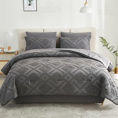 EMME King Comforter Set - 7 Pcs Dark Grey Boho Bedding Sets, King Size Tufted Comforter with Sheets, Shabby Chic Embroidery Bed Set Fluffy Bed Bag for All Season(102"X90") - LeafyLoom