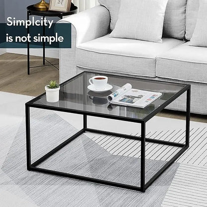 SAYGOER Glass Coffee Table, Small Modern Coffee Table Square Simple Center Tables for Living Room 26.7 x 26.7 x 15.7 Inches, Gray Black - LeafyLoom