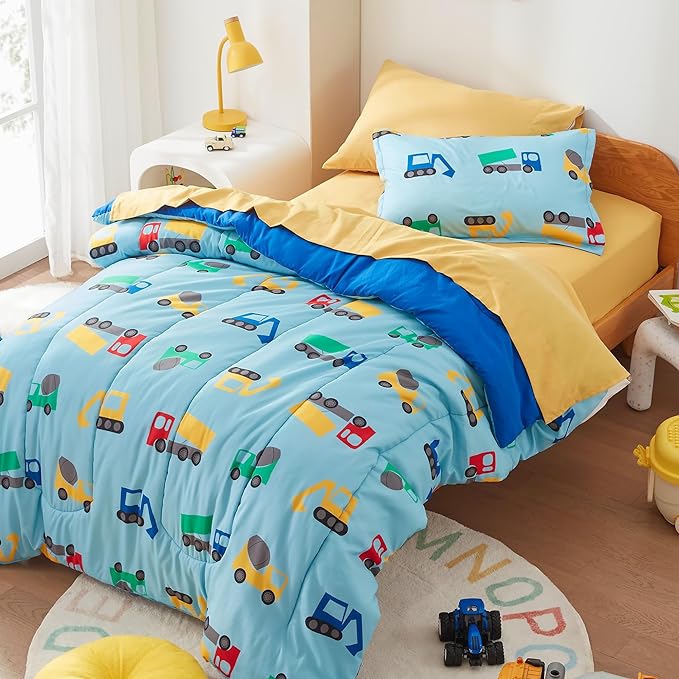 SLEEP ZONE Kids Twin Bedding Comforter Set - Super Cute & Soft Kids Bedding 5 Pieces Set with Comforter, Sheet, Pillowcase & Sham (Construction Truck) - LeafyLoom