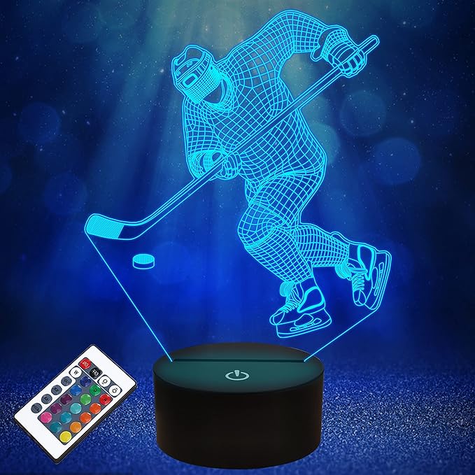 Hockey Night Light, Ice Hockey Player 3D Illusion Lamp for Boys Room Decor with Remote + Touch 16 Colors Flashing Changing Desk Lamps for Kids Sport Fans Birthday Xmas Cool Gifts - LeafyLoom