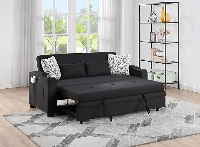 3 in 1 Oversized Convertible Sleeper Loveseat Sofa Pull Out Couch Bed Lounge Chaise with USB Charger and Cupholders for Living Room Office, Black 71" - LeafyLoom