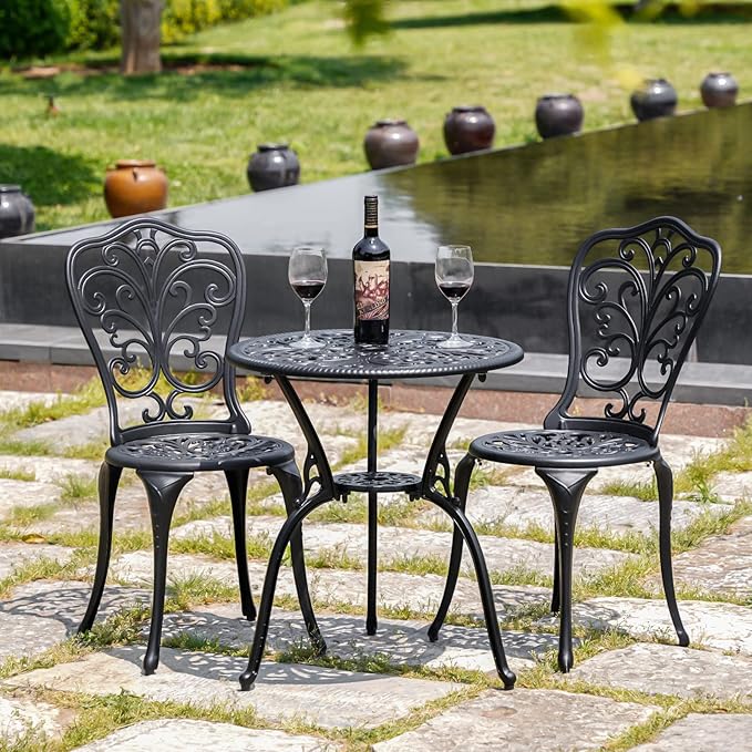 Outdoor Bistro Set 3 Piece Patio Bistro Set, Cast Aluminum Bistro Table and Chairs Set of 2, Small Patio Table Set for Porch, Black - LeafyLoom