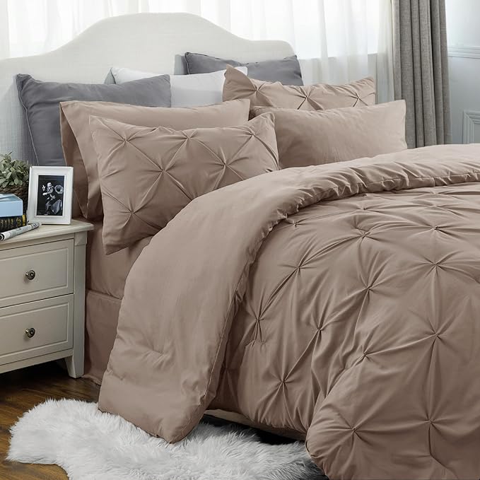 Bedsure California King Comforter Set Khaki - Cal King Bed Set 7 Pieces, Pinch Pleat Cali King Bedding Set with Comforter, Sheets, Pillowcases & Shams - LeafyLoom