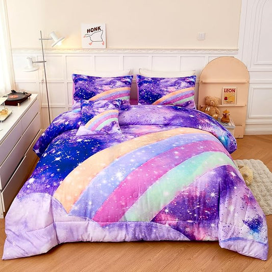 Rainbow Full Size Bedding Sets for Girls, Glitter Tie Dye Purple Kids Comforter Sets, 6Pcs Soft Sparkle Galaxy Bed in A Bag with Sheets for Teens - LeafyLoom