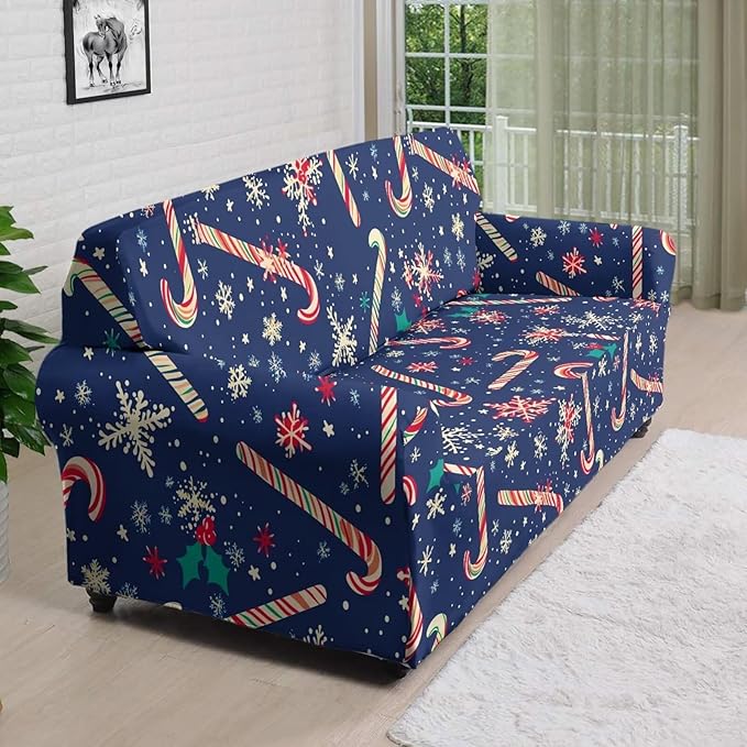 FKELYI Christmas Easy Going Stretch Sofa Slipcover Blue Candy Cane Furniture Protector Easy Going Stretch Sofa Slipcovers with Elastic Bottom XL FKELYI