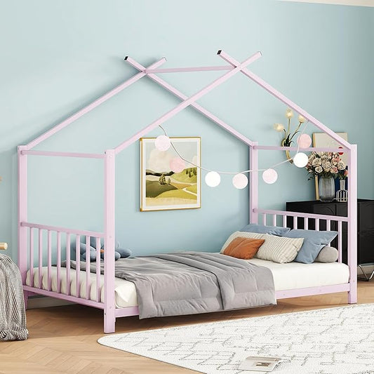 Twin Size Kids Montessori Floor Bed,House Bed Frame with High Headboard,Twin Floor Bed with Roof for Boys Girls,Floor Bed Metal Frame (Pink) - LeafyLoom