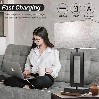 22’’ Tall Set of 2 Touch Control Table Lamp w. 2 USB Ports, 3-Way Dimmable Modern Bedroom Bedside Touch Lamps w. Fabric Gray Shade for Living Room End Table Nightstand Reading - LeafyLoom