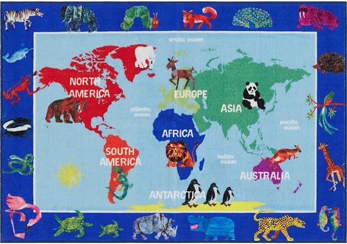 Eric Carle Elementary World Map Kids Machine Washable Area Rug Blue/Red, 35"x51" - LeafyLoom