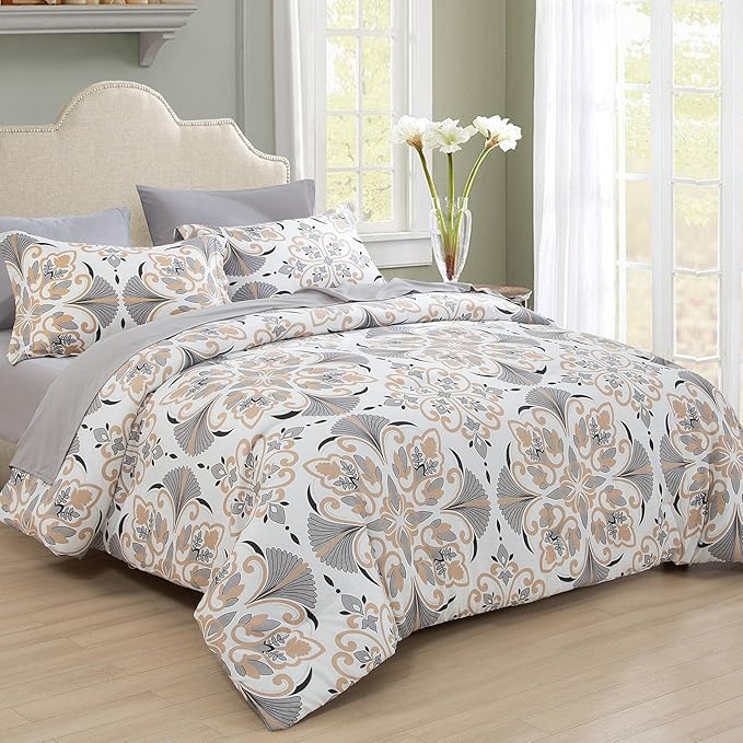 EMME Twin Comforter Set - Grey White Floral Bedding Set 5 PCS with Geometric Flowers Pattern, Soft Plant Printed Botanical Bed Set with Sheets,Fluffy Bed Bag for All Season(68"X90") - LeafyLoom