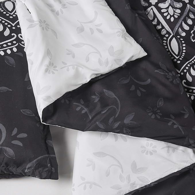 Comfort Spaces Bed in A Bag - Trendy Casual Design Cozy Comforter with Complete Sheet Set with Side Pocket, All Season Cover, Matching Shams, Queen(90"x90"), Ava Medallion Black 9 Piece - LeafyLoom