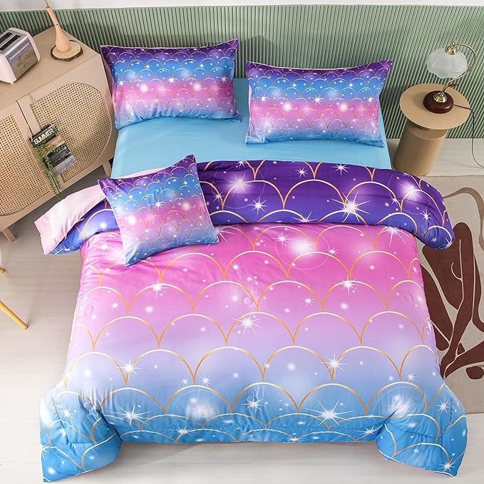 PERFEMET 6Pcs Pink Mermaid Comforter Set Queen Size 3D Glitter Bed in A Bag for Teens Girls Women Colorful Rainbow Bedding Set with Comforter and Sheets Ultra Soft Fuzzy Bed Comforter Quilted Set - LeafyLoom