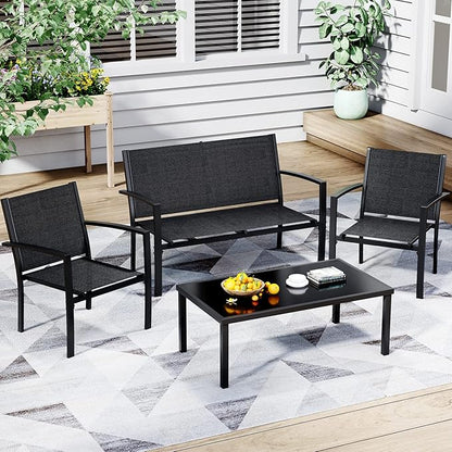 Greesum 4 Pieces Patio Furniture Set, Outdoor Conversation Sets for Patio, Lawn, Garden, Poolside with A Glass Coffee Table, Black - LeafyLoom