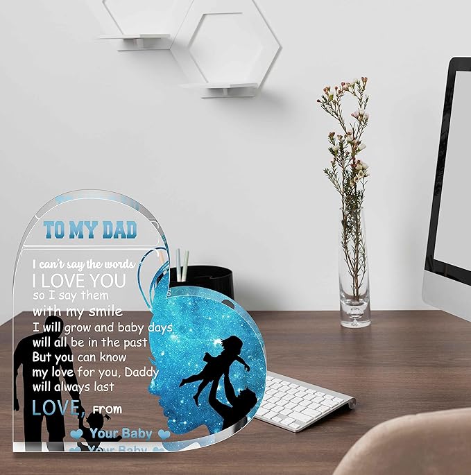 Birthday Gifts for Dad Father, Blue Heart Shaped Acrylic Desk Decor for Home Office Gifts for Dad from Daughter - LeafyLoom