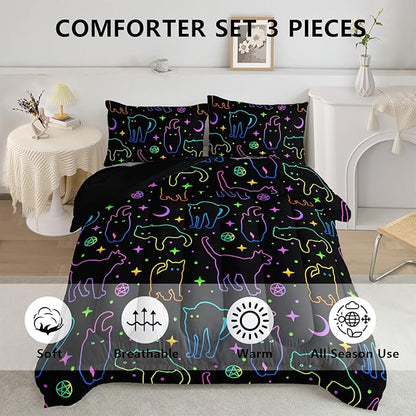 Black Cat Bedding Cartoon Cat Comforter Set Full,Moon Stars Printed Kids Bedding Set for Boys Girls Adults Room Decor,Kids Comforter Set All Season,1 Quilt 2 Pillow Cases,Neon Color Purple Blue Green - LeafyLoom