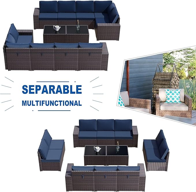 Kullavik 12PCS Outdoor Patio Furniture Set PE Wicker Rattan Sectional Sofa Patio Conversation Sets,Navy blue - LeafyLoom