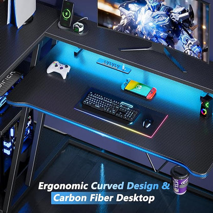 Computer Gaming Desk with Power Outlet & LED Lights, 55 Inch L Shaped Gamer Table with Storage Shelves for Bedroom, Reversible Corner Home Office Desk, Carbon Fiber Black - LeafyLoom