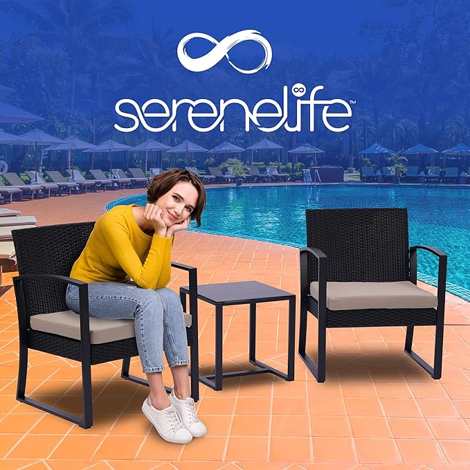 SereneLife Patio Outdoor Furniture, 3 Pcs. Per Set-includes 2 Single Chairs with Soft Cushion and 1 Glass-top Coffee Table, Black Weather-Resistant Resin Wicker Rattan, Brown - LeafyLoom