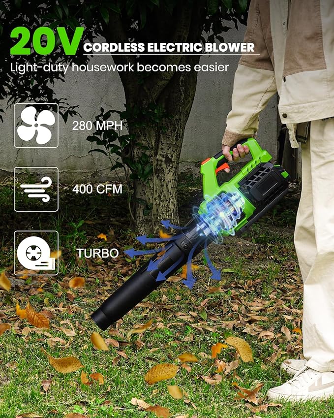 HARDELL Leaf Blower Cordless, 20V Electric Leaf Blower with Battery and Charger, 280 MPH Powerful Battery Powered Leaf Blower for Lawn Care, Patio, Yard, Side Walk, Snow Blowing - LeafyLoom