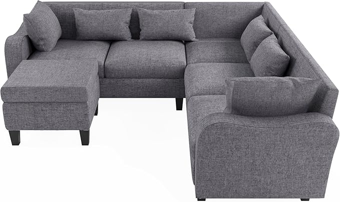 Modern Sectional Sofa with pillows, coffee table,6-Seat Couch Set w/Storage Ottoman,Various Combinations,L-Shape Indoor Furniture with Unique Armrests for Living Room,Apartment, Ushaped Gray - LeafyLoom