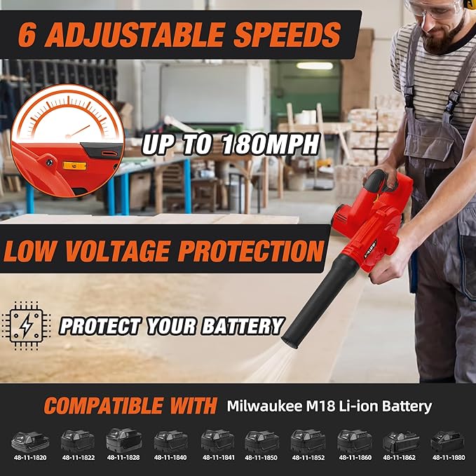 Cordless Leaf Blower for Milwaukee M18 Battery,Electric Jobsite Air Blower with Brushless Motor,6 Variable Speed Up to 180MPH,2-in-1 Handle Electric Blower and Vacuum Cleaner(Battery Not Included) - LeafyLoom