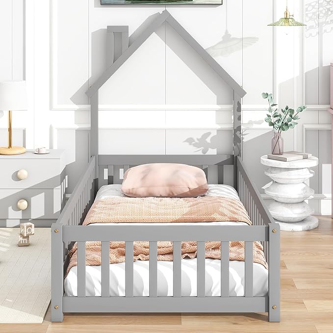 Twin Size Kids Montessori Floor Bed,House-Shaped Headboard Floor Bed for Kids,Floor Bed with Fence and Door,House Bed Twin Frame for Girls,Boys(Twin,Grey) - LeafyLoom