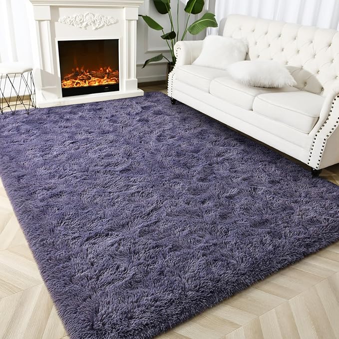 Super Soft Fluffy Shaggy Rugs for Living Room Bedroom, Fuzzy Plush Area Rugs for Girls Kids Room Nursery Home Decor, Furry Dorm Rug Cute Non-Slip Indoor Floor Carpet 5x8 Feet, Grey-Purple - LeafyLoom