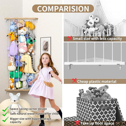 Stuffed Animal Storage Toy Storage Organizer, Upgraded Stuffed Animal Hammock Corner & Stuffed Animal Net for Plushie Toys with Adjustable Height for Kids Playroom Bedroom Organizer - LeafyLoom