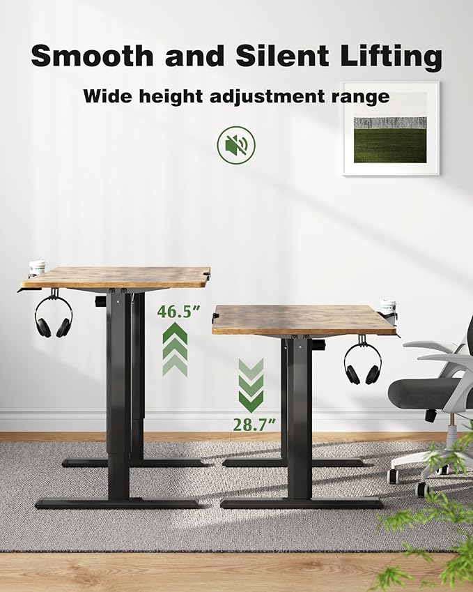 Electric Standing Desk, 43 Inch Height Adjustable Home Office Table with Headphone Hook and Cup Holder, Black Legs/Rustic Brown Top - LeafyLoom