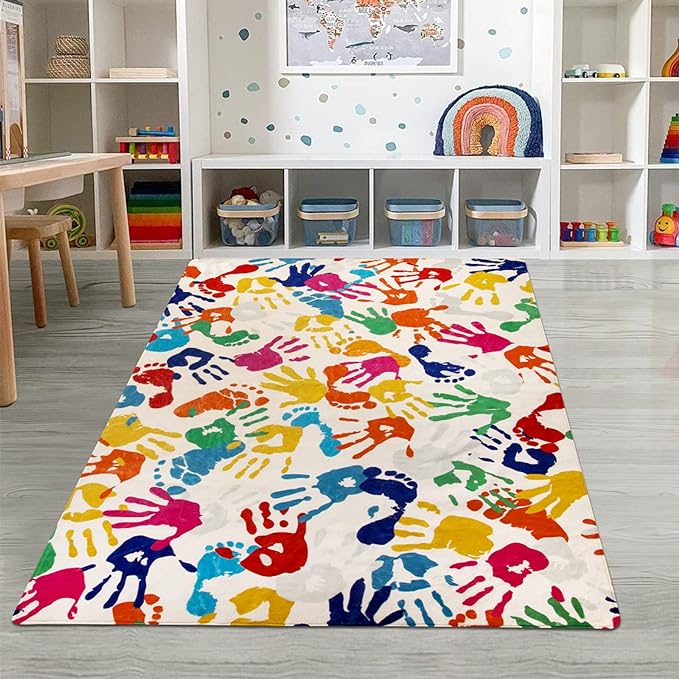 Handprints and Footprints Large Kids Rug 5'x7', Washable Colorful Area Rug for Nursery Room, Non-Slip Play Mat Ultra Soft Indoor Carpet for Bedroom Playroom Classroom - LeafyLoom