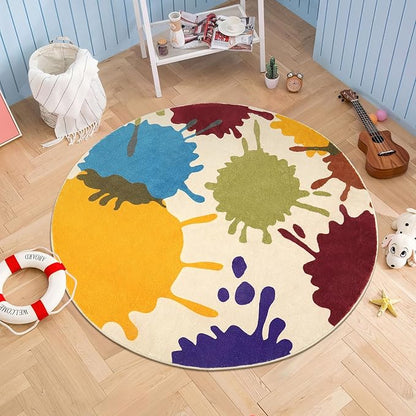 Art Round Rug for Playroom, 4'x4' Colorful Kids Rug for Nursery, Non-Slip Small Circle Rug for Kids Room, Machine Washable Bedroom Rug Soft Circular Office Carpet for Preschool Dorm - LeafyLoom