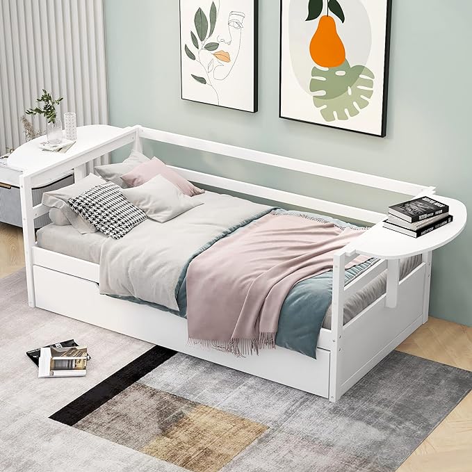 Merax Modern Wood Daybed with Twin Size Trundle and Two Foldable Shelves, Multifunction Sofa Bed Frame for Family, Kids, Teens, No Box Spring Needed, White - LeafyLoom