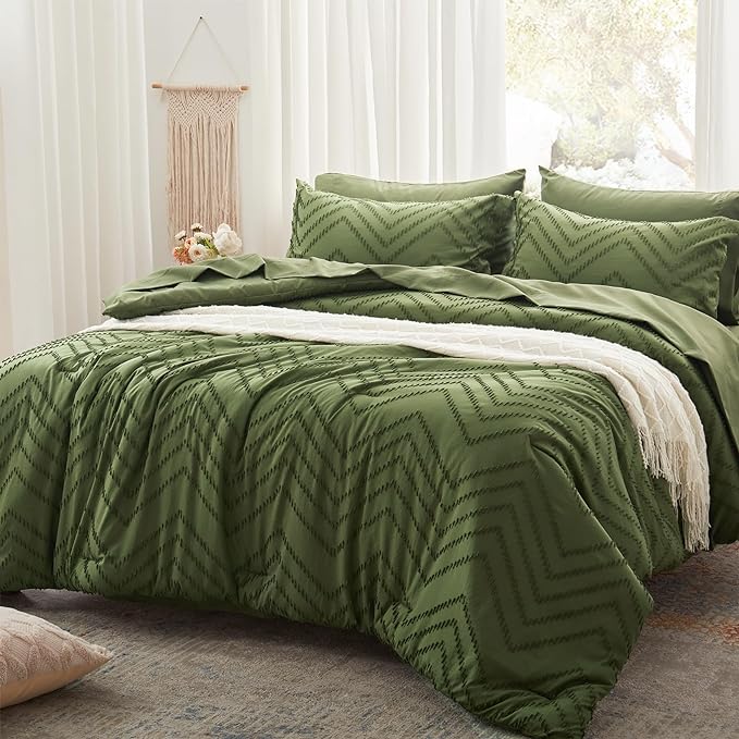 Anluoer Queen Comforter Set, Olive Green Tufted Bed in a Bag 7 Pieces with comforters and sheets, All Season Bedding Sets with 1 Comforter, 2 PillowShams, 2 Pillowcases, 1 Flat Sheet, 1 Fitted Sheet - LeafyLoom