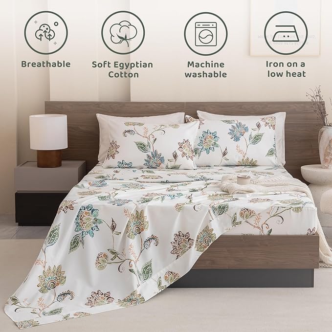 QSH Floral Bed Sheets King Size - 100% Egyptian Cotton Floral Bedding Sheets Botanical Leaves Flower Pattern Printed Bedding King Size Bed Sheets 17.5" Extra Deep Pocket 4pcs - LeafyLoom