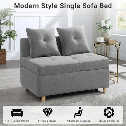 4-in-1 Convertible Sleeper Sofa, Single Pull Out Couch Chair with 6-Level Adjust Backrest Loveseat with Storage and Pillows, Modern Recliner for Living Room Apartment Office, Grey - LeafyLoom